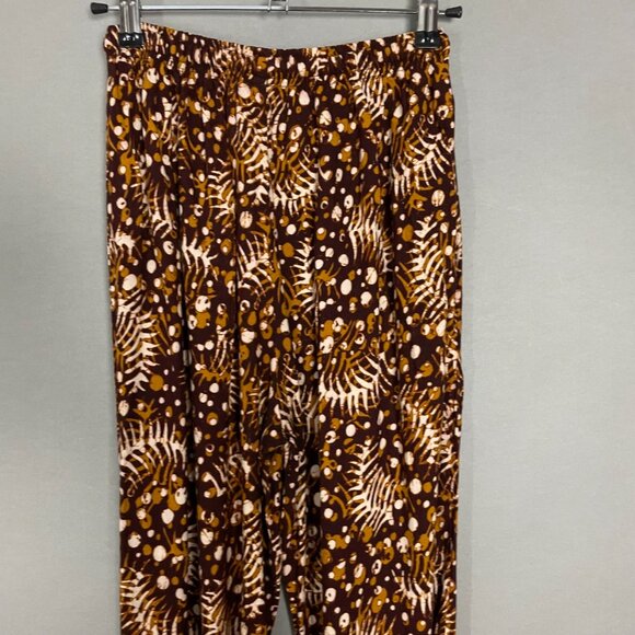 Batik Lounge Pants Brown Abstract Pattern Stretch Waist Ankles Boho Hippie - Picture 5 of 12